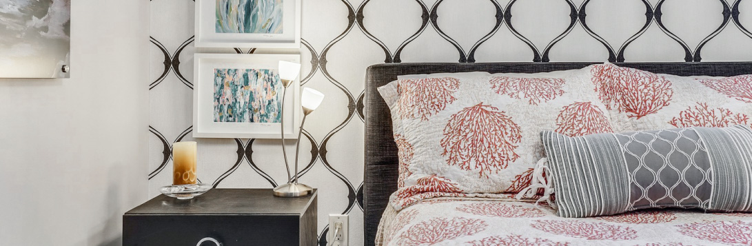 Bedroom renovation with a geometric wallpaper feature wall