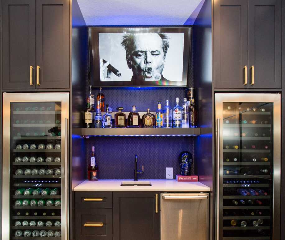 Calgary basement renovation - gorgeous wet bar with full-sized wine fridges