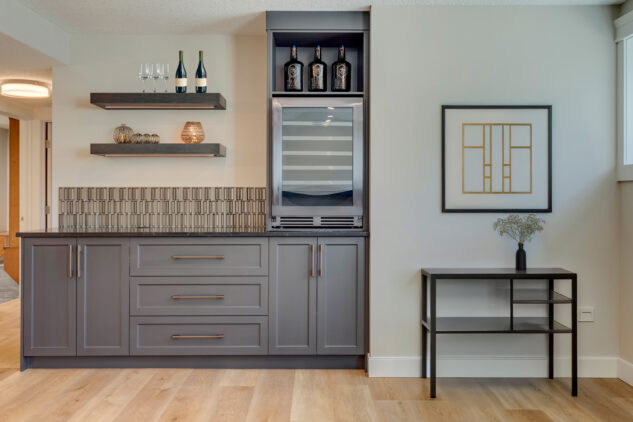 Basement bar with raised bar fridge