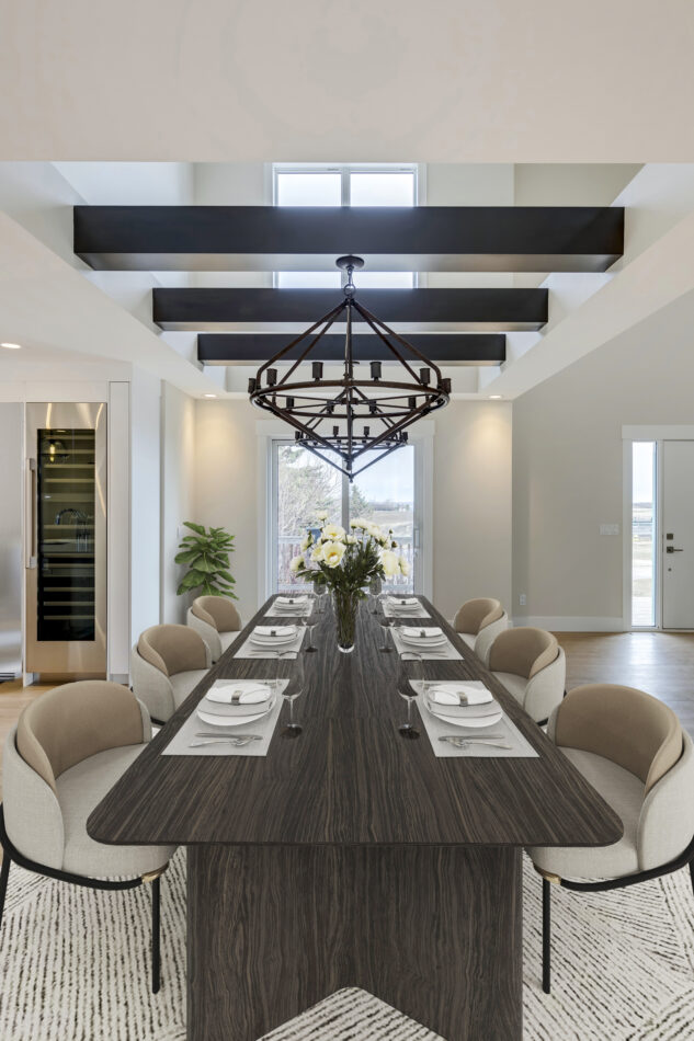Dining room with wood stained beams