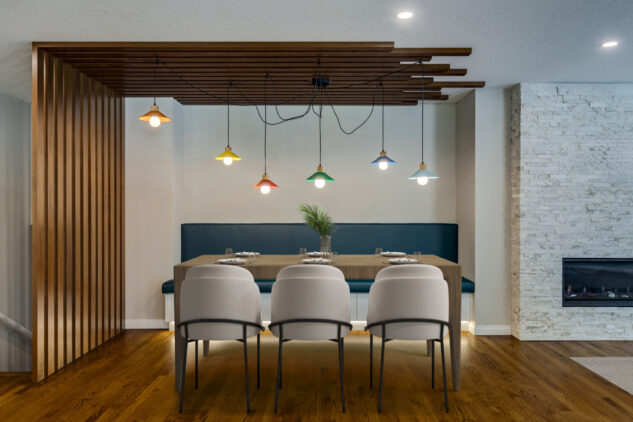 Built in dining table with wood slats 