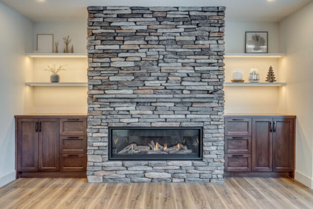 Stone fireplace with custom built-in cabinetry
