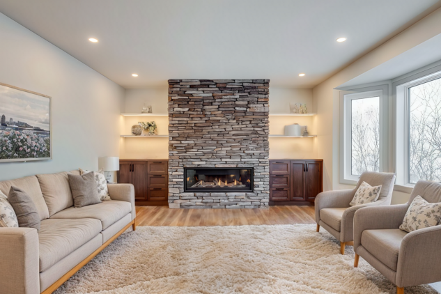 Living room with stobe fireplace