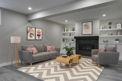 Modern basement living room with fireplace and custom built-in shelves