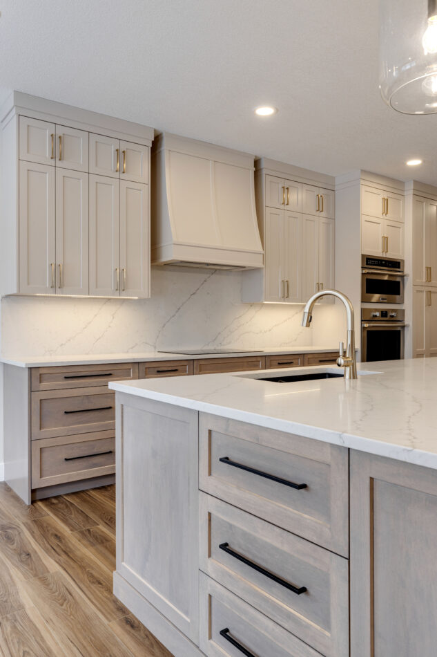 Stained wood lower cabinets with paint grade upper cabinets