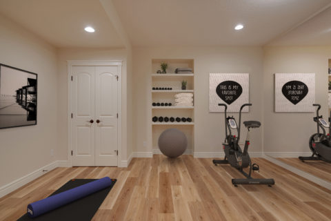 Home gym with LVP Flooring, custom shelving and gym equipment