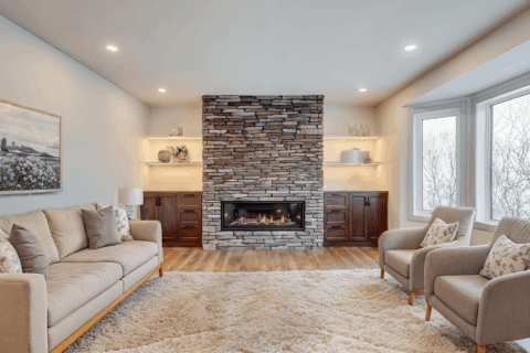 Living room with stobe fireplace