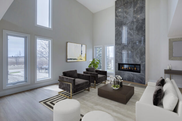 Living room with full height tile fireplace