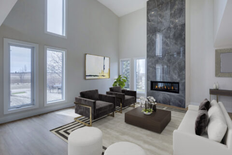 Living room with full height tile fireplace
