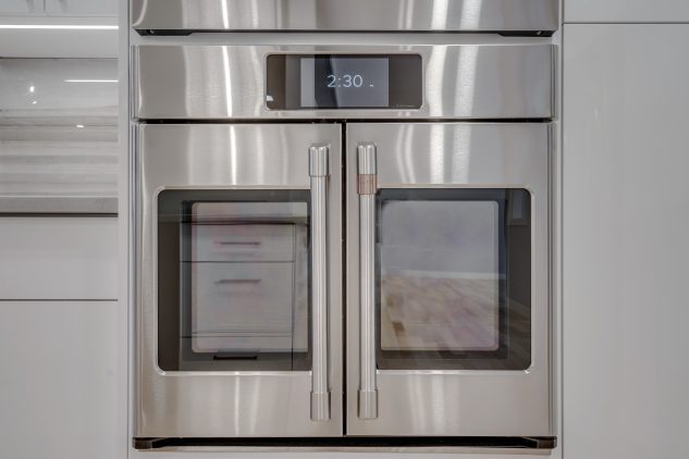 Stainless steel Wall oven with French doors. 