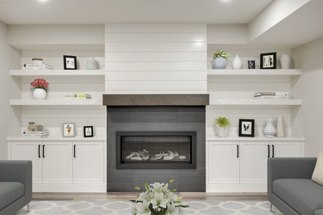 Custom white built-in with stained mantle and gas fireplace 