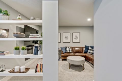 Open shelving to living room in basement development 