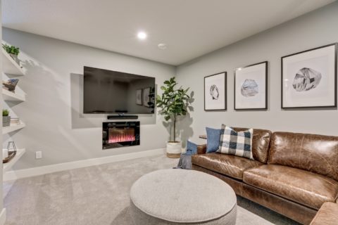 Living room in basement development with a tv and electric fireplace