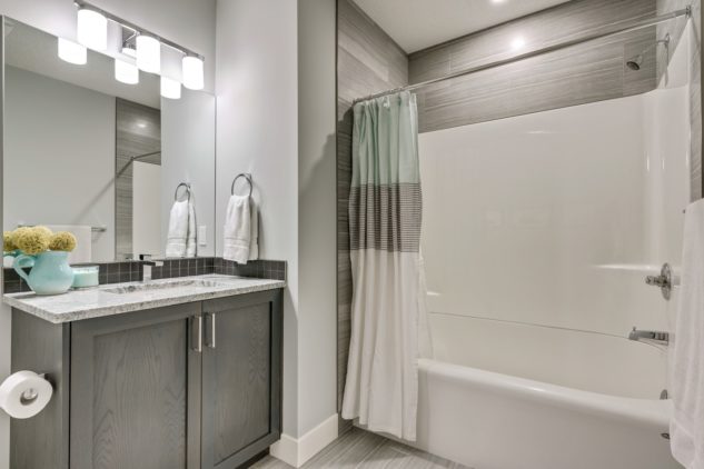 Basement bathroom with shower and vanity