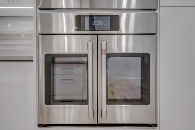 Stainless steel Wall oven with French doors. 