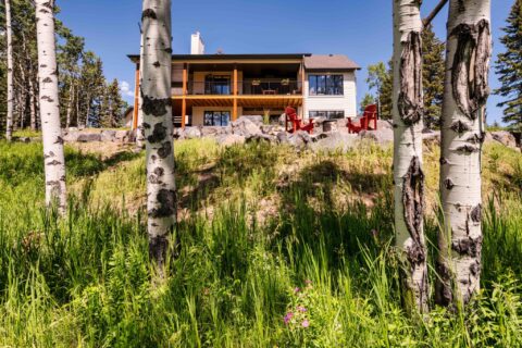 Rear exterior of modern farmhouse bungalow