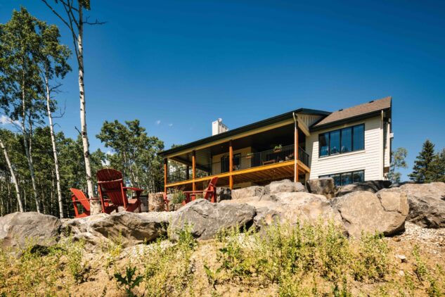 Rear exterior of modern farmhouse bungalow