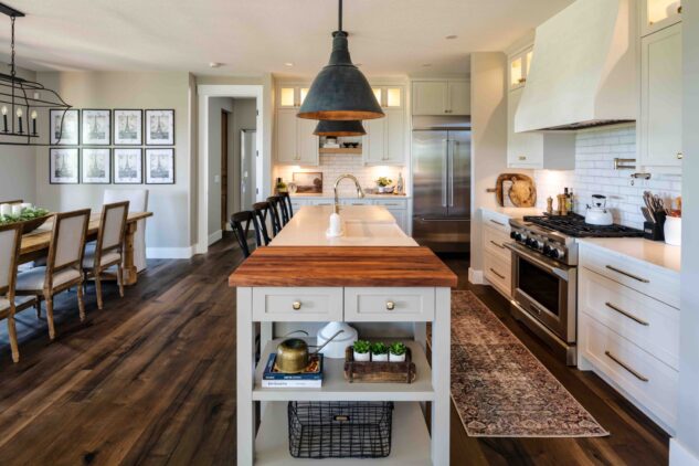 Large kitchen island with quartz and wood worktop