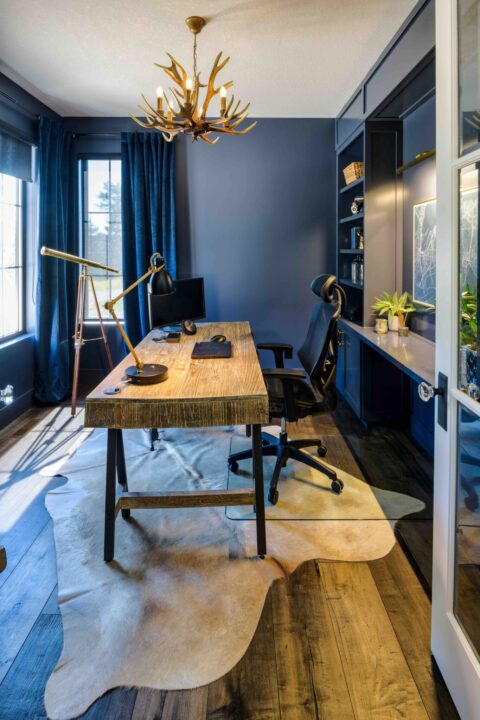 Front office painted in Benjamin Moore hale navy with custom built-ins