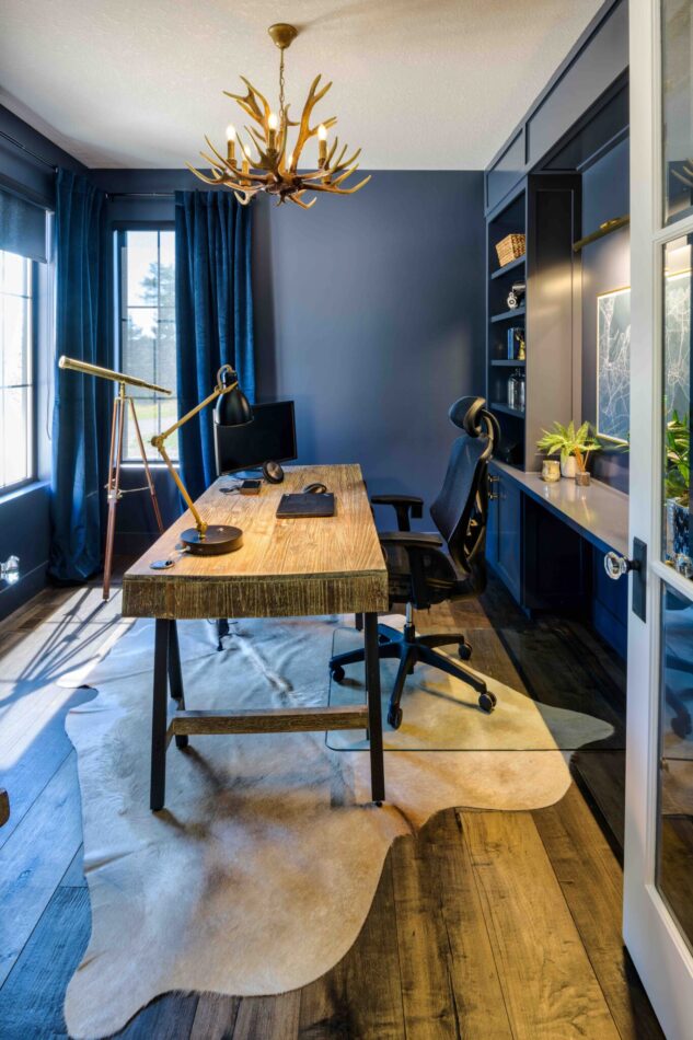 Front office painted in Benjamin Moore hale navy with custom built-ins