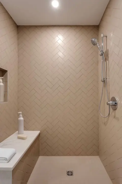 Generous tiled shower in ensuite bathroom  Calgary townhome third-floor retreat