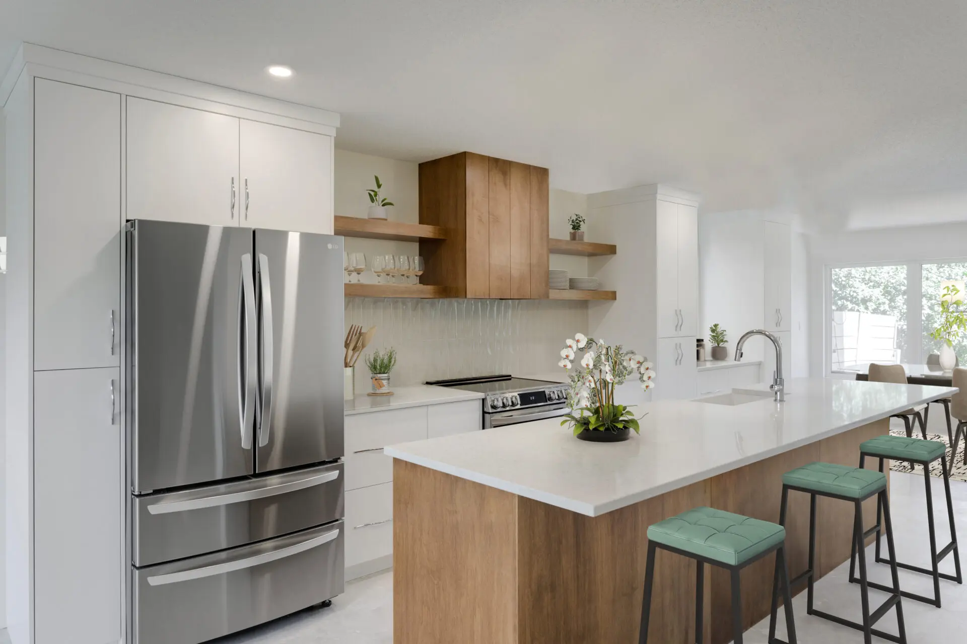 Calgary kitchen renovation featuring mix of white and mid-tone stained wood island, hood fan cover and open shelving with white quartz countertops