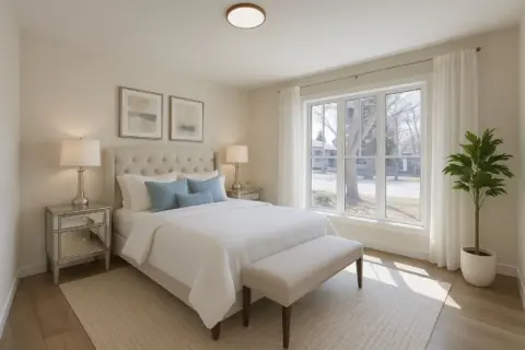 Primary bedroom with large window in renovated Wildwood Calgary home, which included front and rear additions
