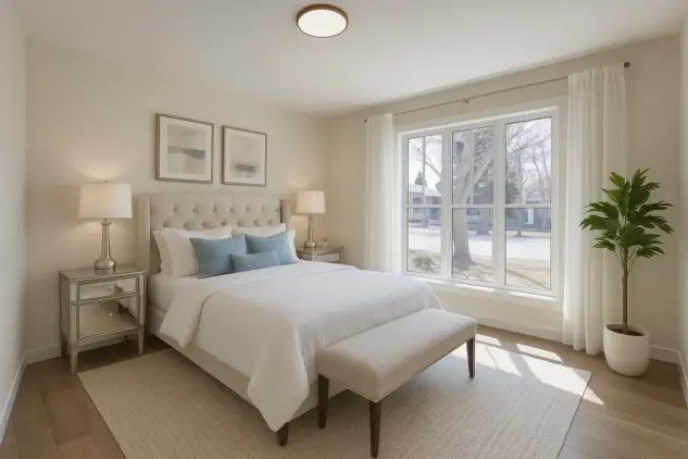 Primary bedroom with large window in renovated Wildwood Calgary home, which included front and rear additions