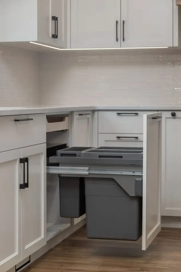 Fully renovated Cranston kitchen with smart storage solutions including a garbage and recycling center