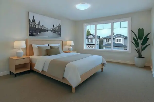 Primary bedroom in fully renovated Cranston home with calming, neutral finishes