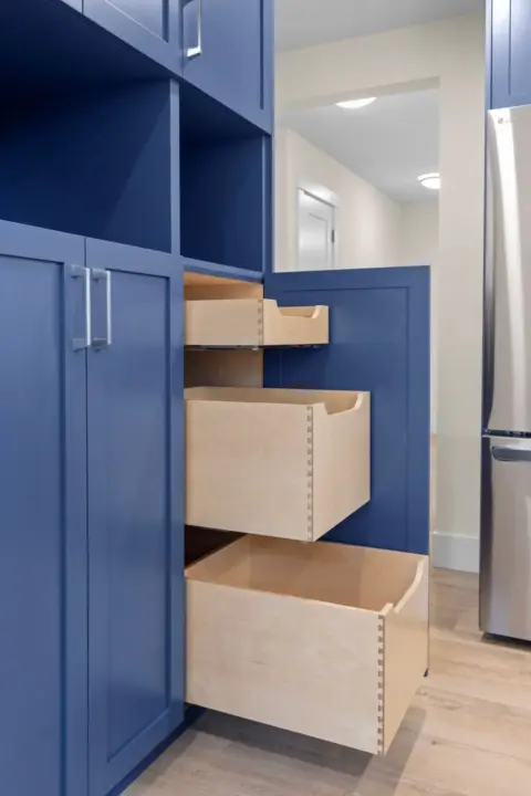 Pullout pantry doors in expanded and fully renovated Charleswood home