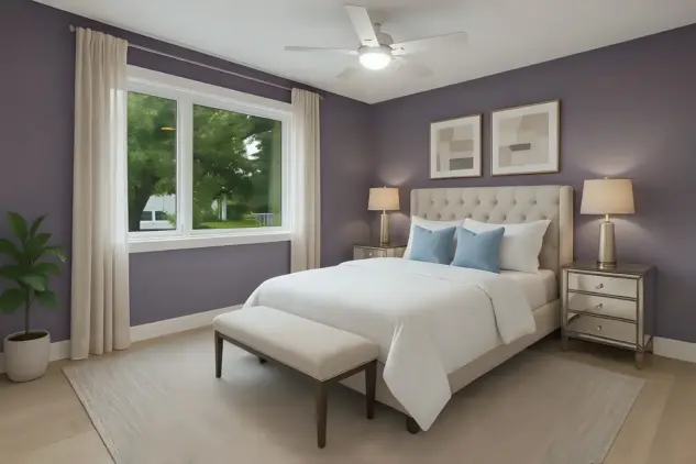Renovated primary bedroom with large window in Charleswood Calgary home