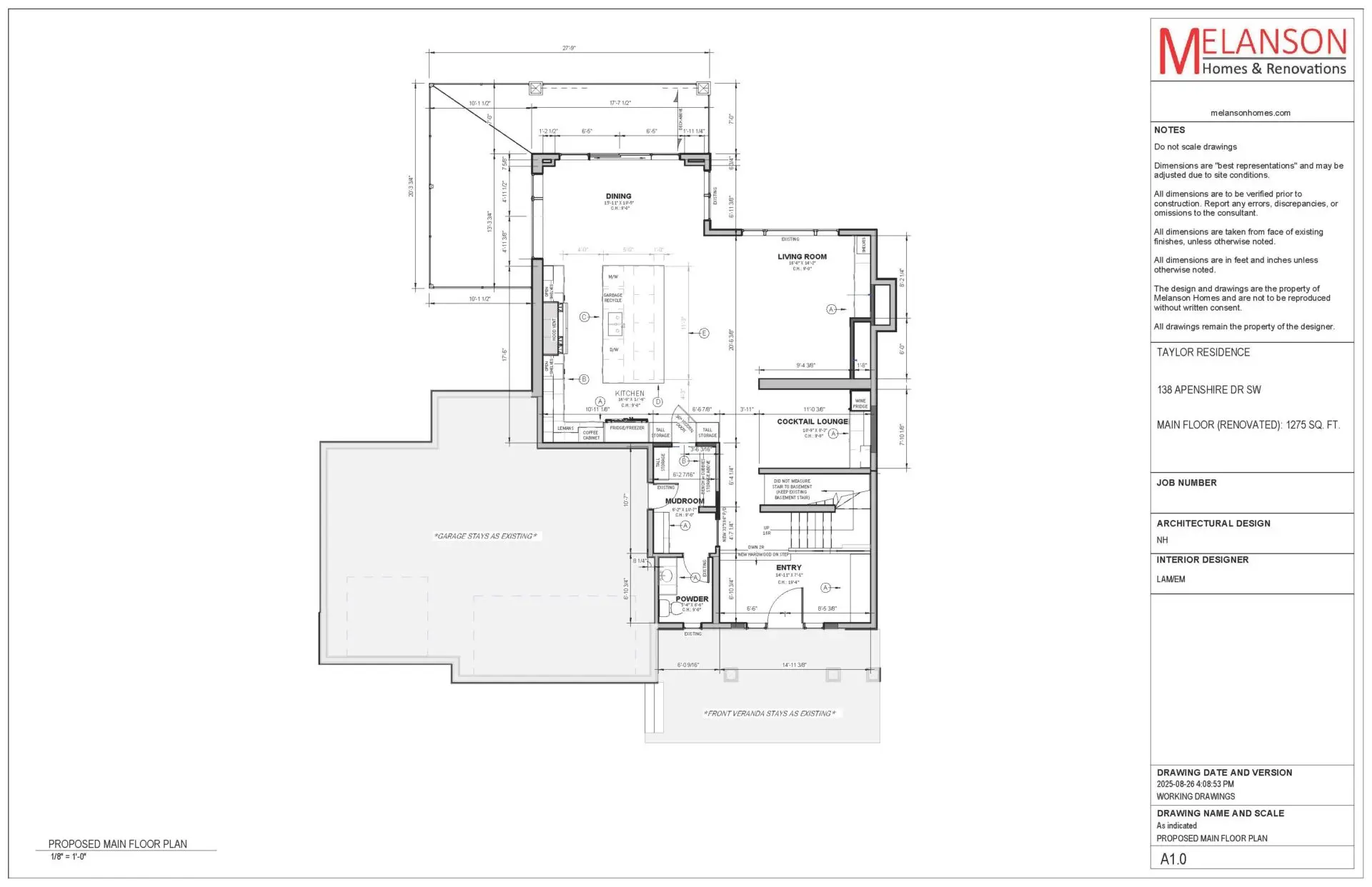 Example of working design drawings for a main floor renovation