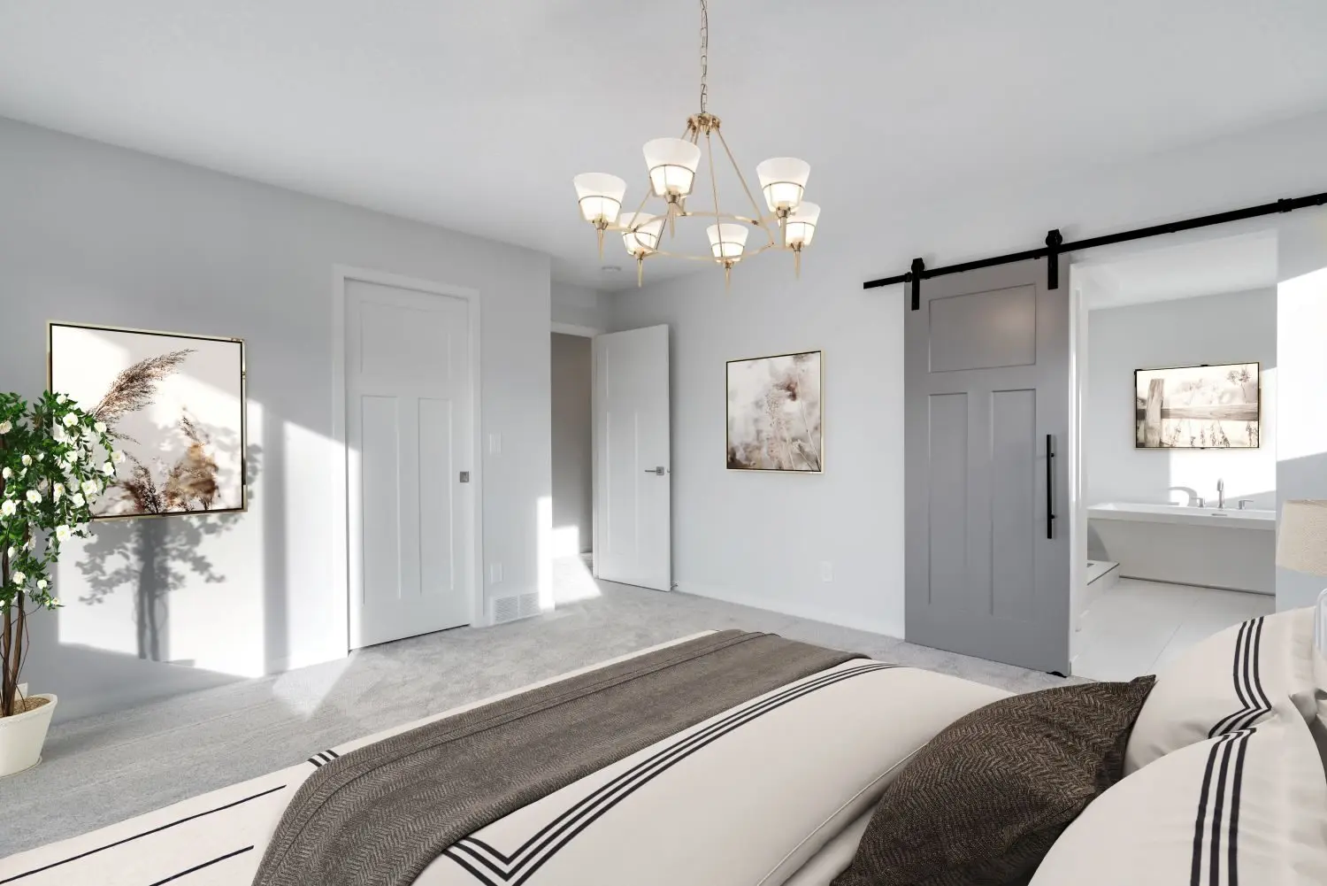 Primary bedroom in soothing grey tones with view into ensuite and freestanding tub.