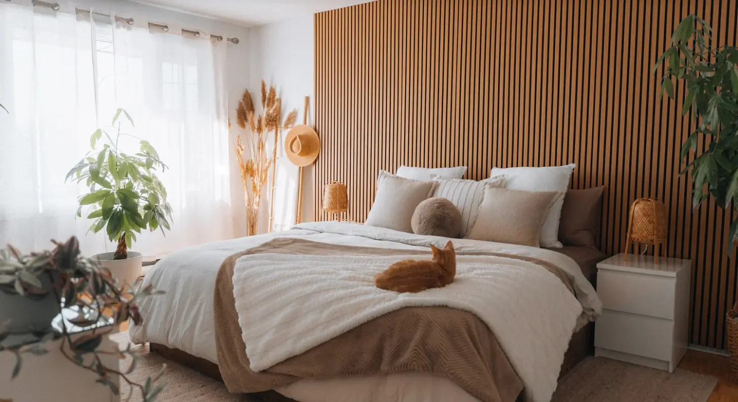 Panelux Acoustic Slat Wall Panel in bedroom feature wall